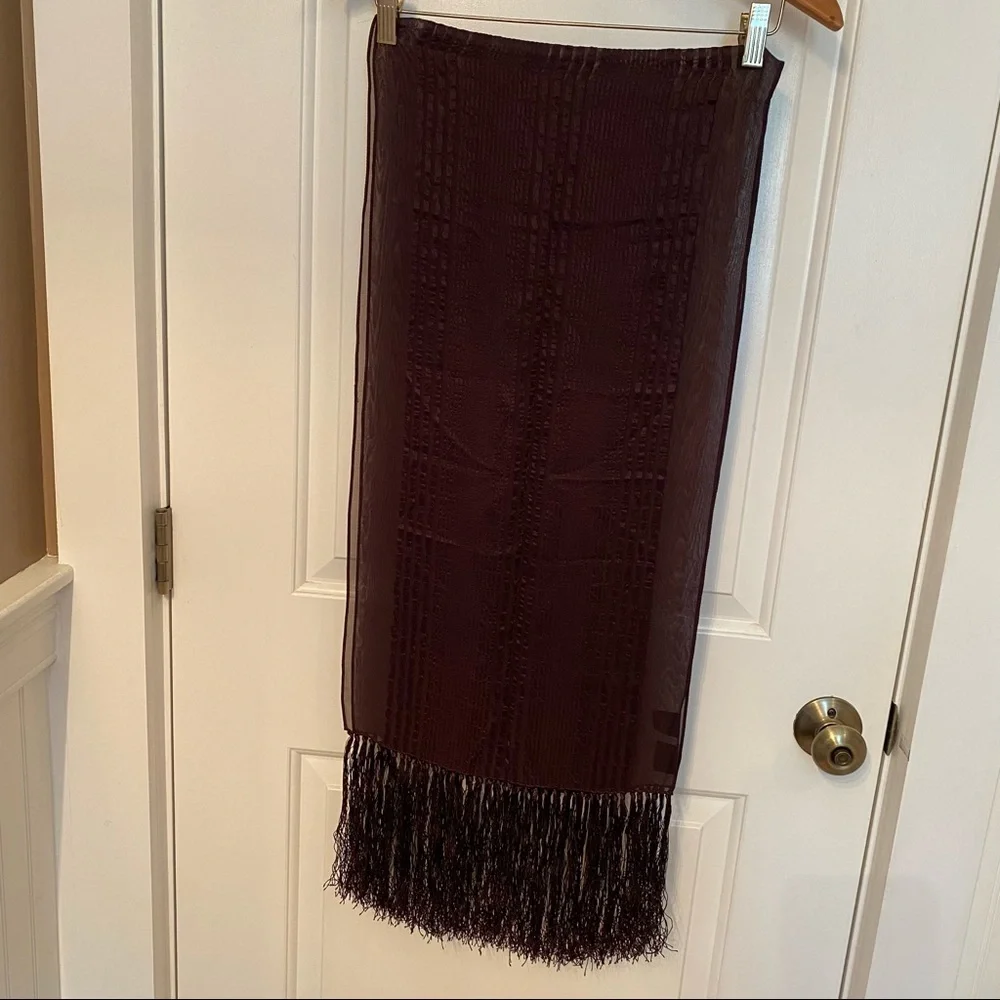 TANNER SCARF BROWN SILK SHEER RIBBED TEXTURE FRINGE LONG RECTANGLE ACCESSORY